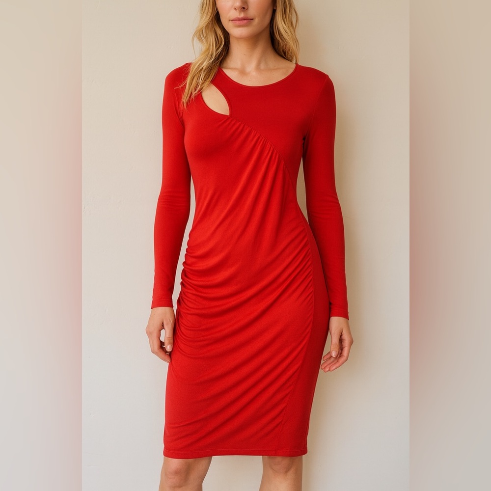Red Orange Cutout Ruched Long Sleeve Midi Dress XL